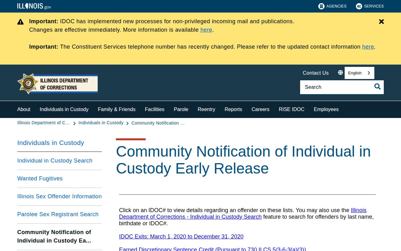IDOC early release notice for McLean County projected release verification